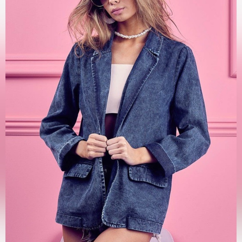 NEW TRENDY CHIC VINTAGE WASHED DENIM SINGLE BREASTED DENIM BLAZER